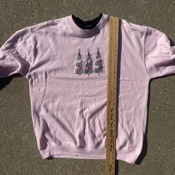 Vintage Coquette Whimsy Pale Pink Black plaid Christmas Tree Crewneck Sweatshirt - Picture 7 of 8